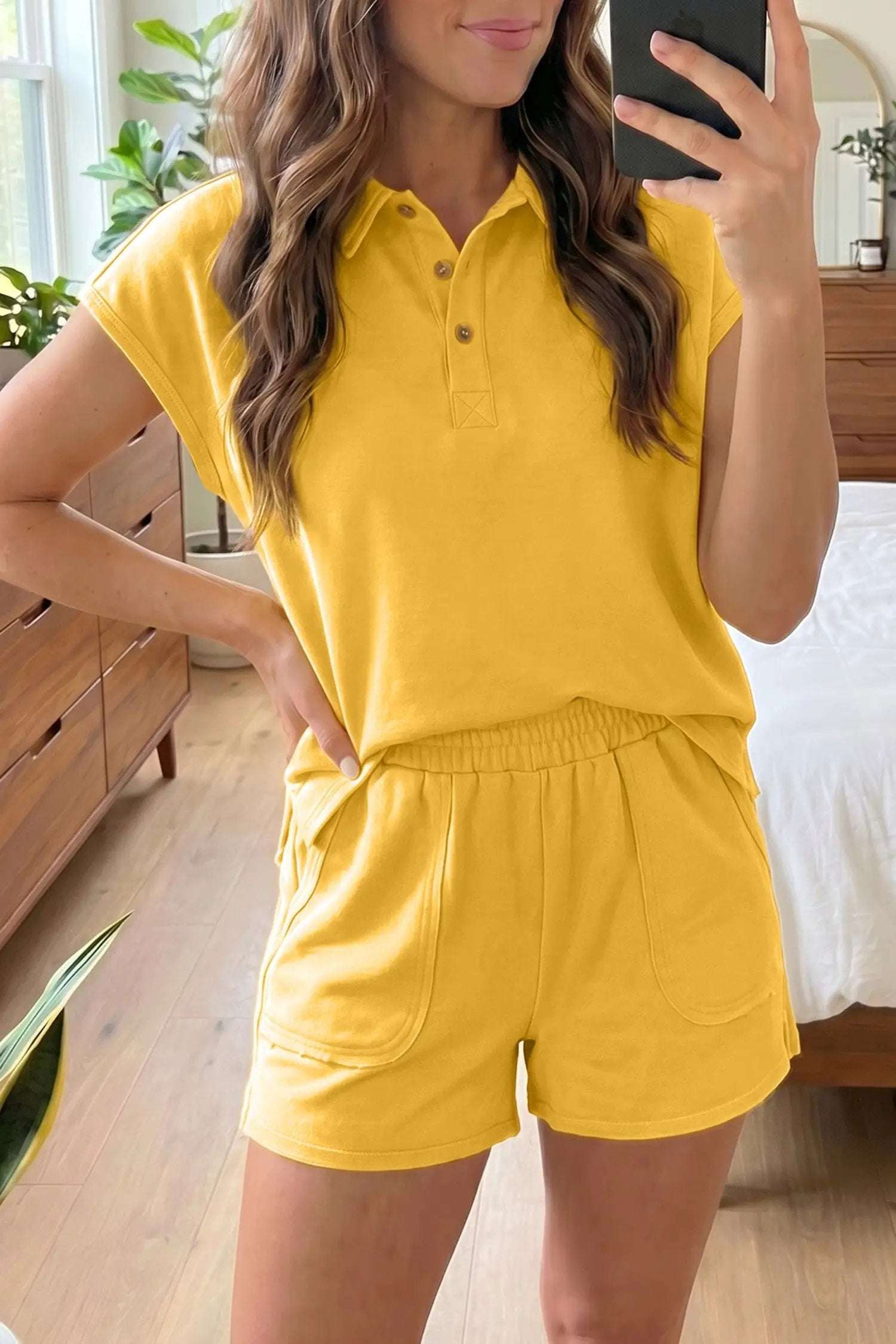 Loose Polo Tee Short Set with elastic waist shorts vacation outfit