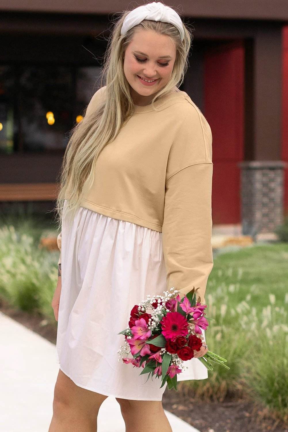 Plus size Weekend Pretty colorblock patchwork mini dress with ruffled hem for casual chic style