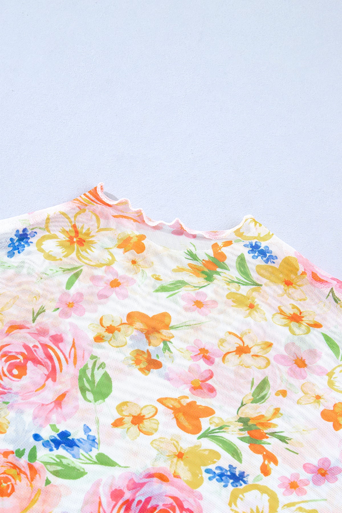 Lettuce Trim Floral Print Sheer Mesh Long Sleeve Top