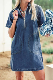 Mom Chic denim zip-front collared mini dress with short sleeves and A-line silhouette
