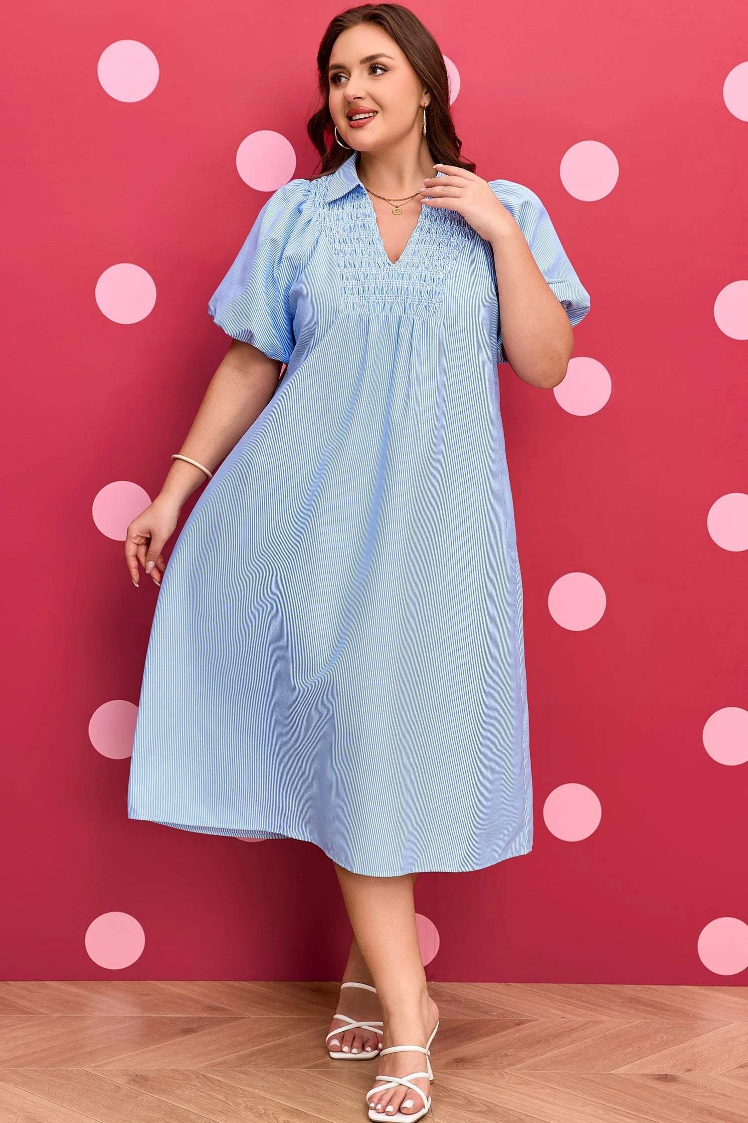 Dear-Lover Dropshipping Sky Blue Stripe Shirred Detail Collar V Neck Plus Size Midi Dress - Plus Size/Plus Size Dresses/Plus Size Midi Dresses