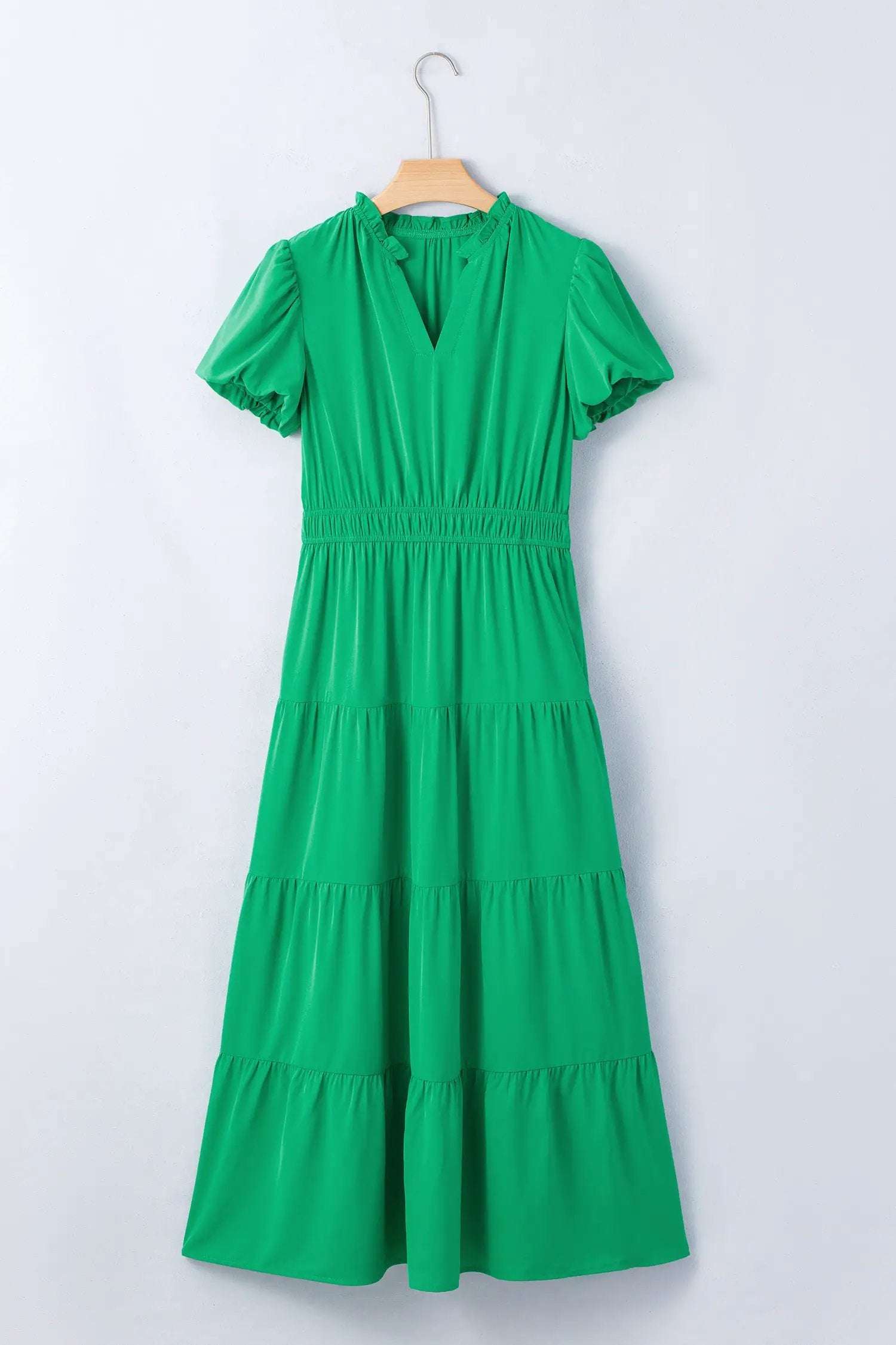 J&H Apparel Green Solid Color V Neck Short Puff Sleeve High Waist Tiered Maxi Dress - Dresses Dresses/Maxi Dresses