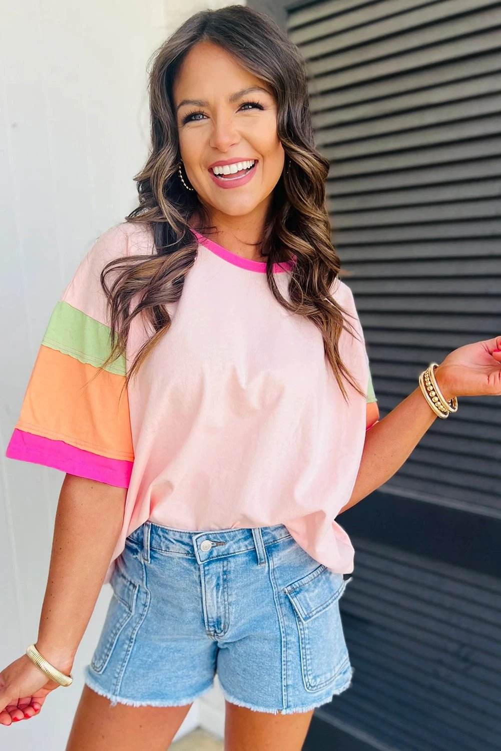 Pink Colorblock stitching sleeve round neck oversize top for women casual everyday outfit