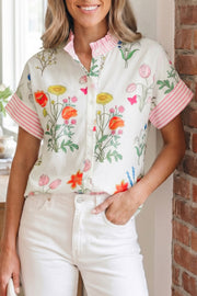 Floral Striped Patchwork Ruffled Collar Short Sleeve Shirt — women's everyday bottoms | J&H Apparel