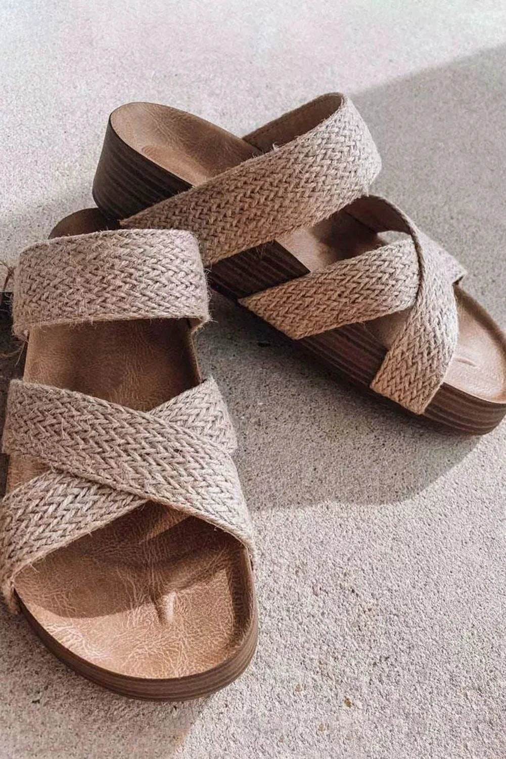 Woven criss-cross slip-on sandals with breathable hollowed straps and cushioned footbed for everyday comfort