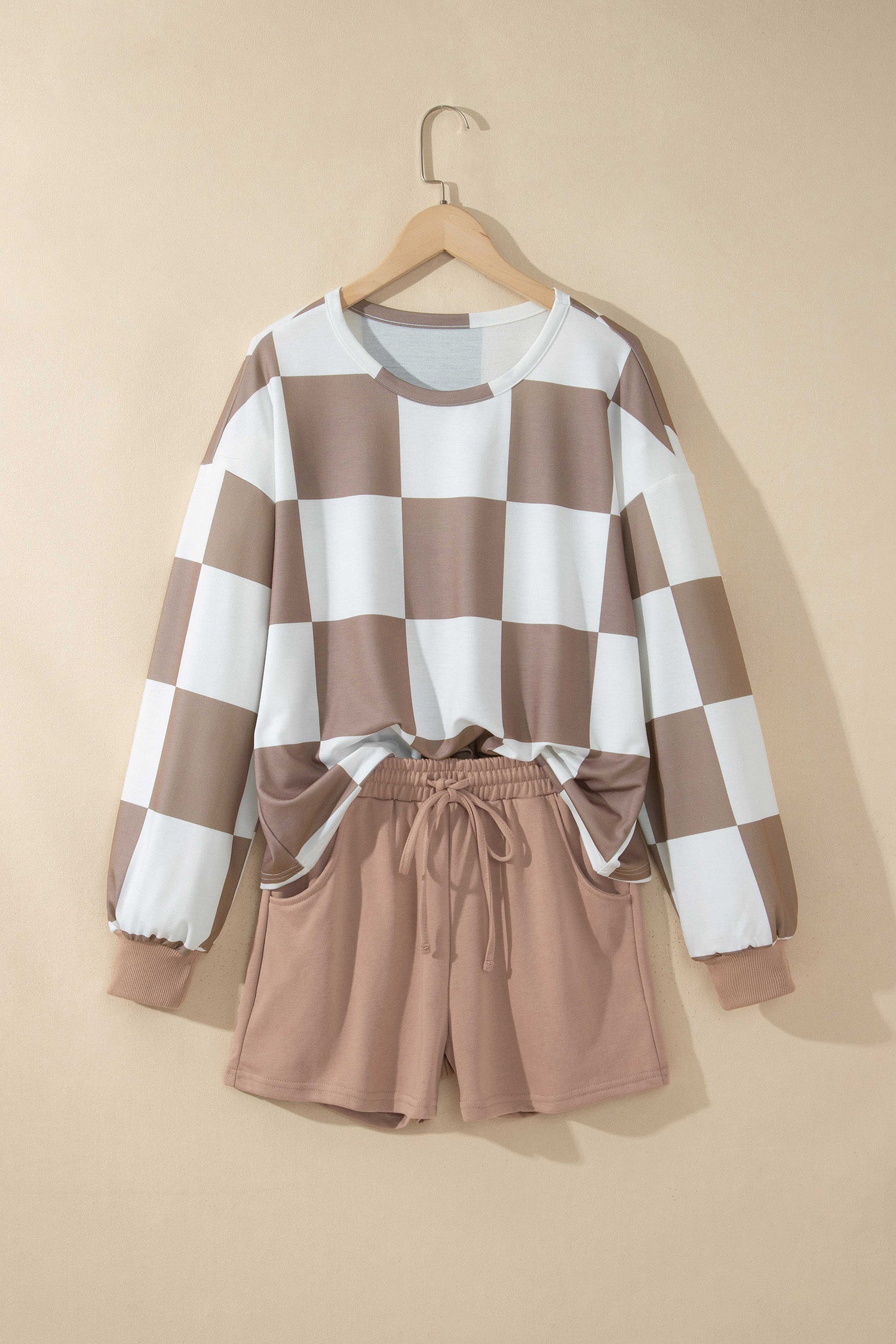 Checkerboard Plaid Long Sleeve Solid Color Shorts Two-Piece Set
