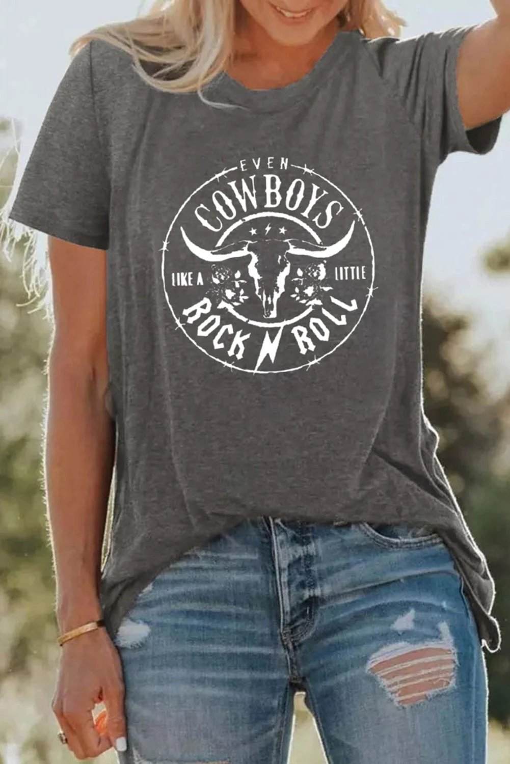 gray western letter steer head graphic tee for women casual everyday outfit