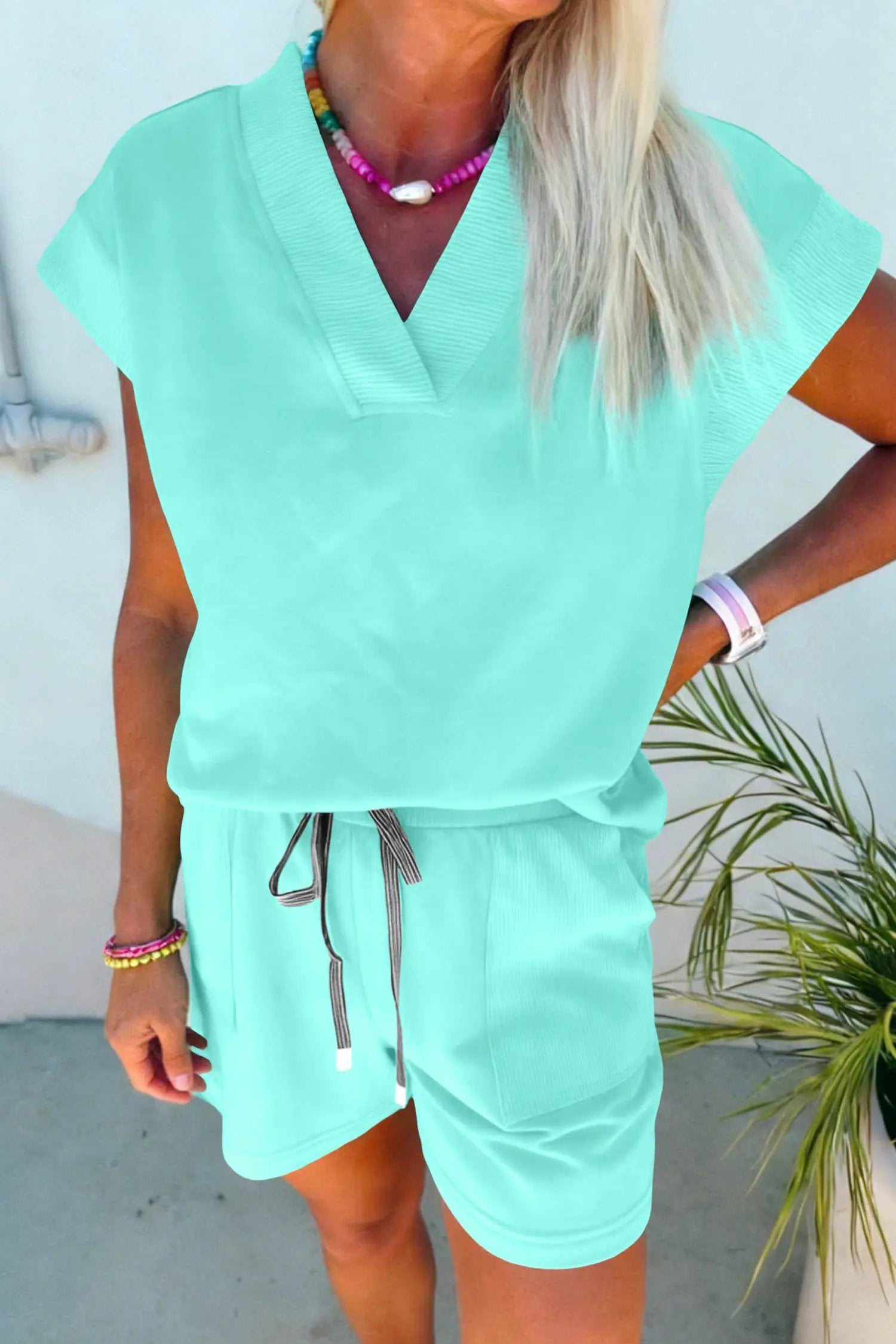 Dear-Lover Dropshipping Sachet Pink V Neck Short Sleeve Top Drawstring Shorts 2pcs Set - Two Piece Sets/Short Sets