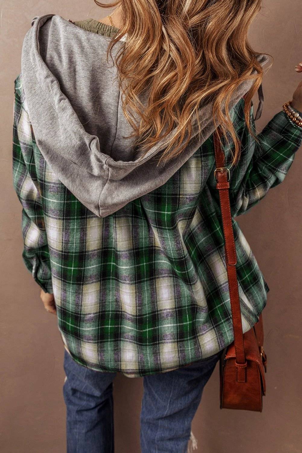 red plaid print chest pocket buttoned hooded shacket for women casual everyday outfit
