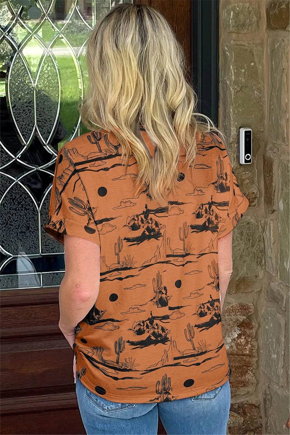 chestnut desert sand print short sleeve knit top for women casual everyday outfit