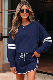 Navy Blue Varsity Stripe Detail Drop Shoulder Pullover Mini Skort Set
