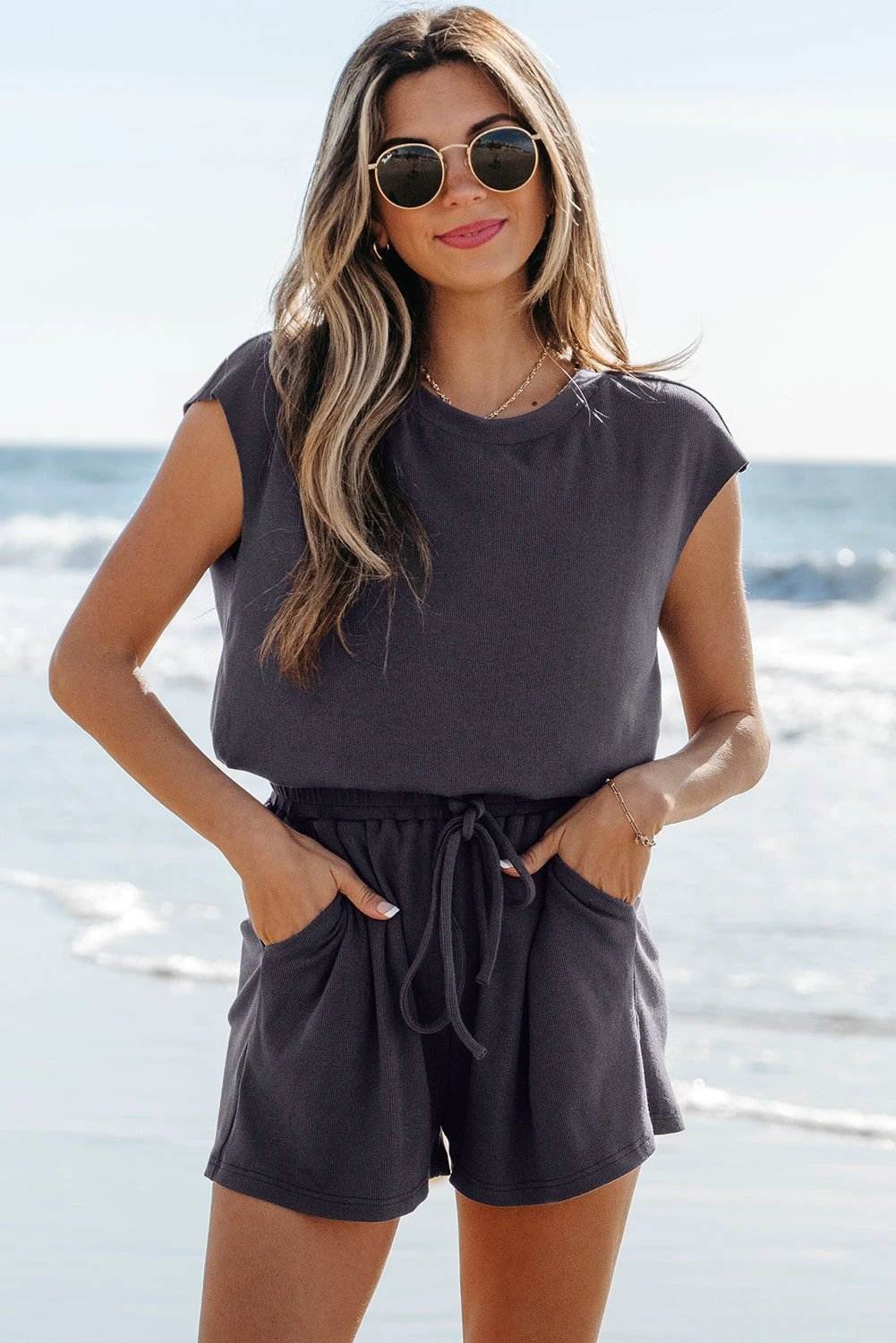  knit romper with drawstring waist for women casual everyday outfit