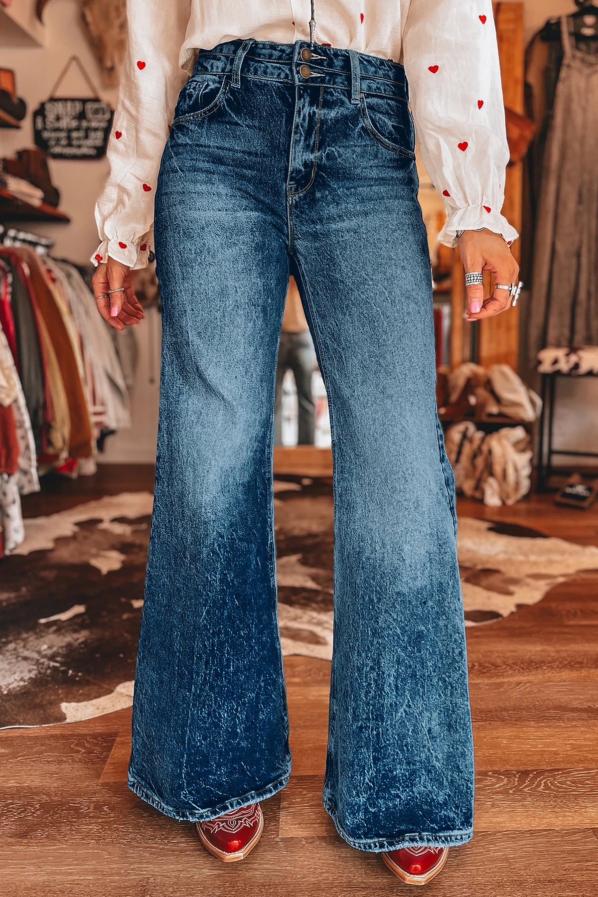 Acid Wash Pocket Detail Flare Jeans