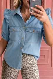 Ruffle-detail short puff sleeve denim shirt with flap pockets showcasing effortless Western charm