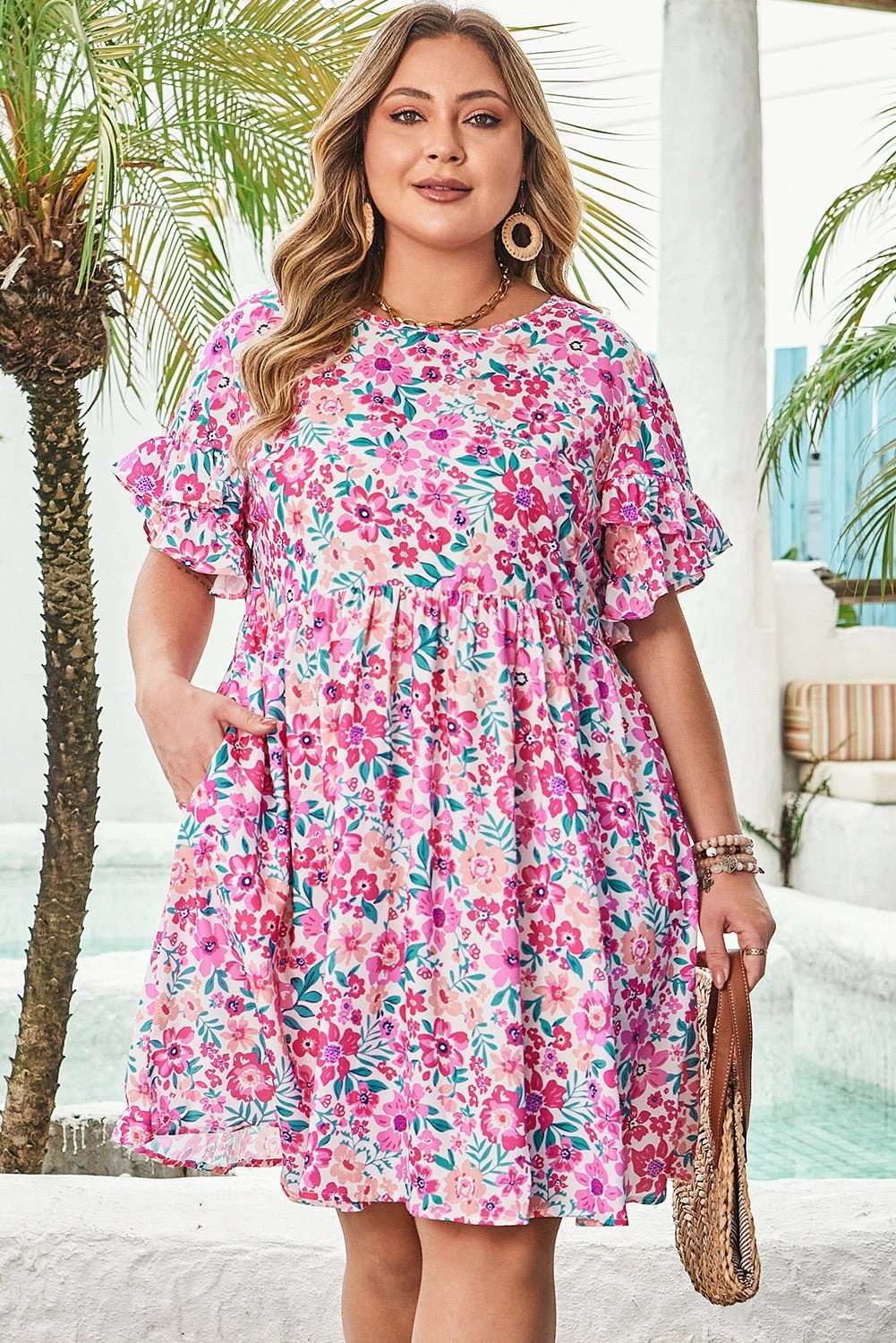 Plus Size Floral Dress with frilled short sleeves and flare silhouette
