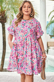 Plus Size Floral Dress with frilled short sleeves and flare silhouette