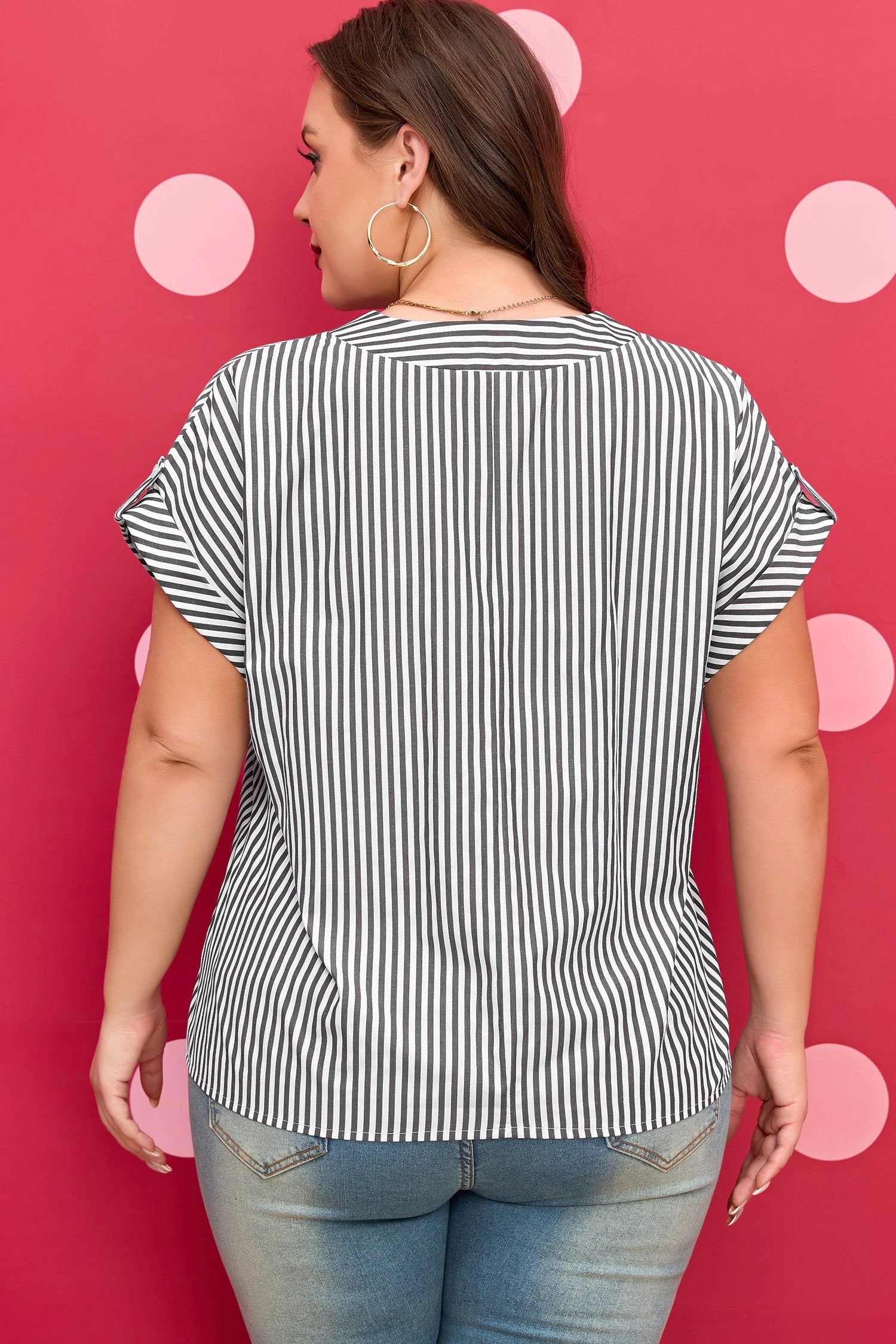 Dear-Lover Dropshipping Black Stripe Plus Size V Neck Roll-tab Short Dolman Sleeve Blouse - Plus Size/Plus Size Tops/Plus Size Blouses & Shirts