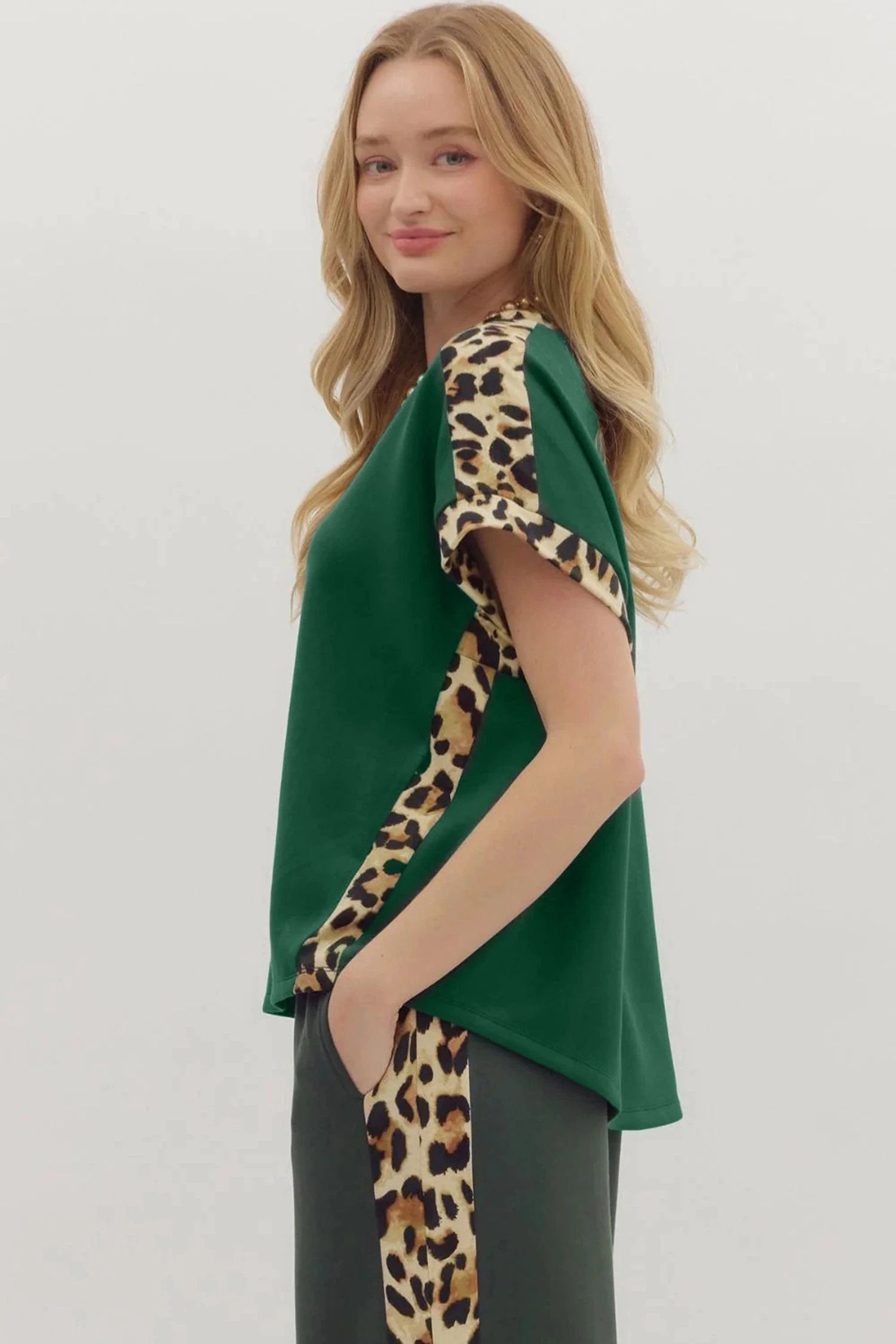 Leopard Trim Sea Green Tee