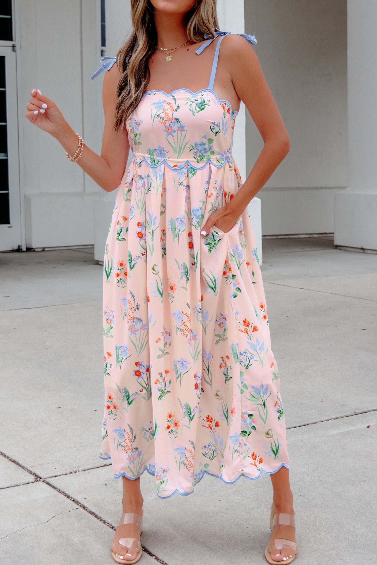 Floral Print Contrast Trim Self-tie Straps High-Waisted Midi Dress — everyday dress for women | J&H Apparel
