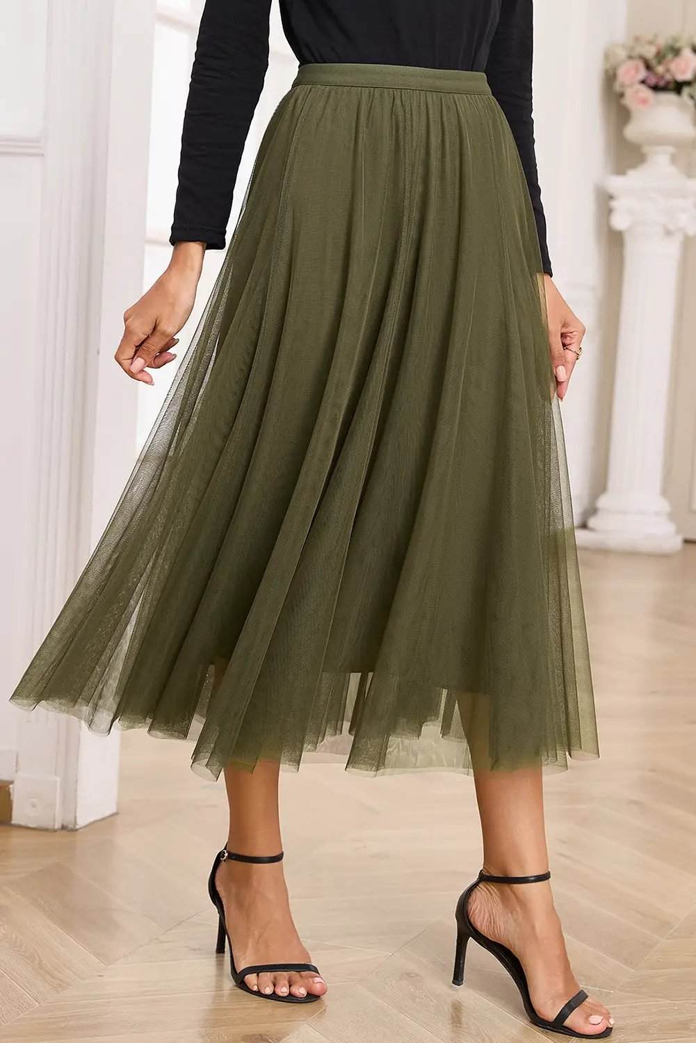 Dear-Lover Dropshipping Apricot Tulle Mesh Overlay Flared Midi Skirt - Skirts Bottoms/Skirts & Petticoat