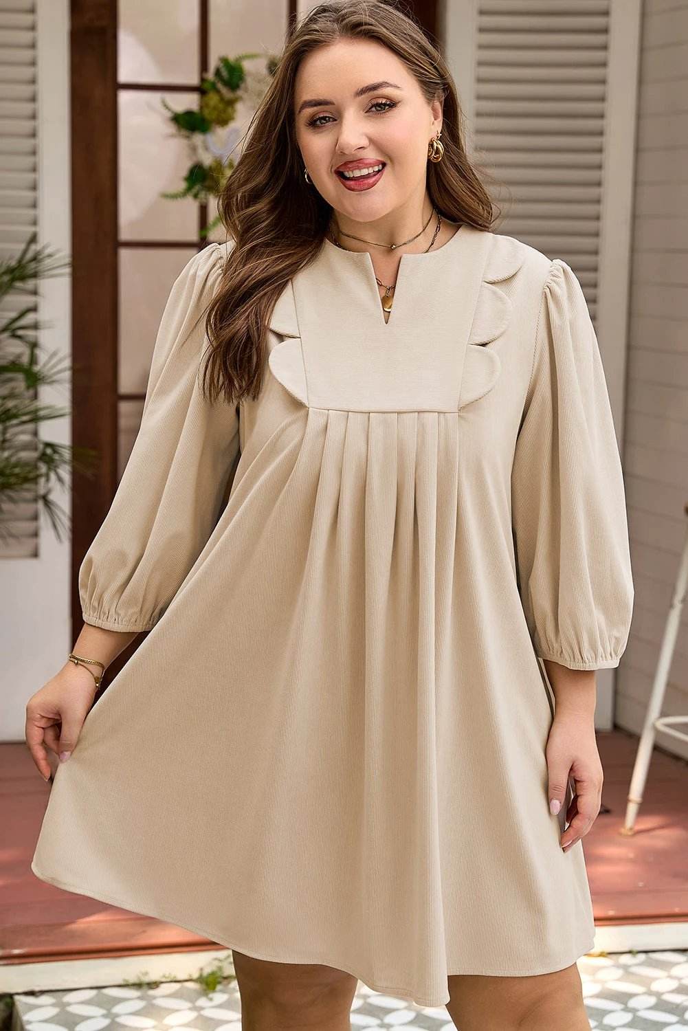 Plus size khaki corduroy mini dress with notched neck and scallop detail