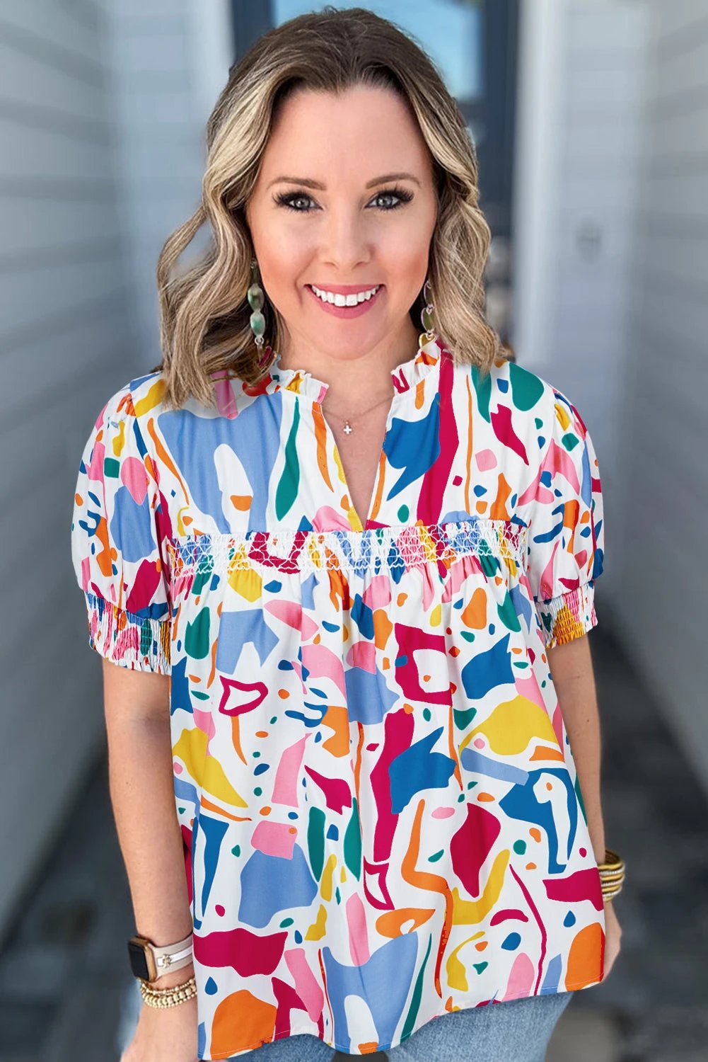 Dear-Lover Dropshipping White Abstract Print Shirred Cuff Puff Sleeve Plus Size Blouse - Plus Size/Plus Size Tops/Plus Size Blouses & Shirts