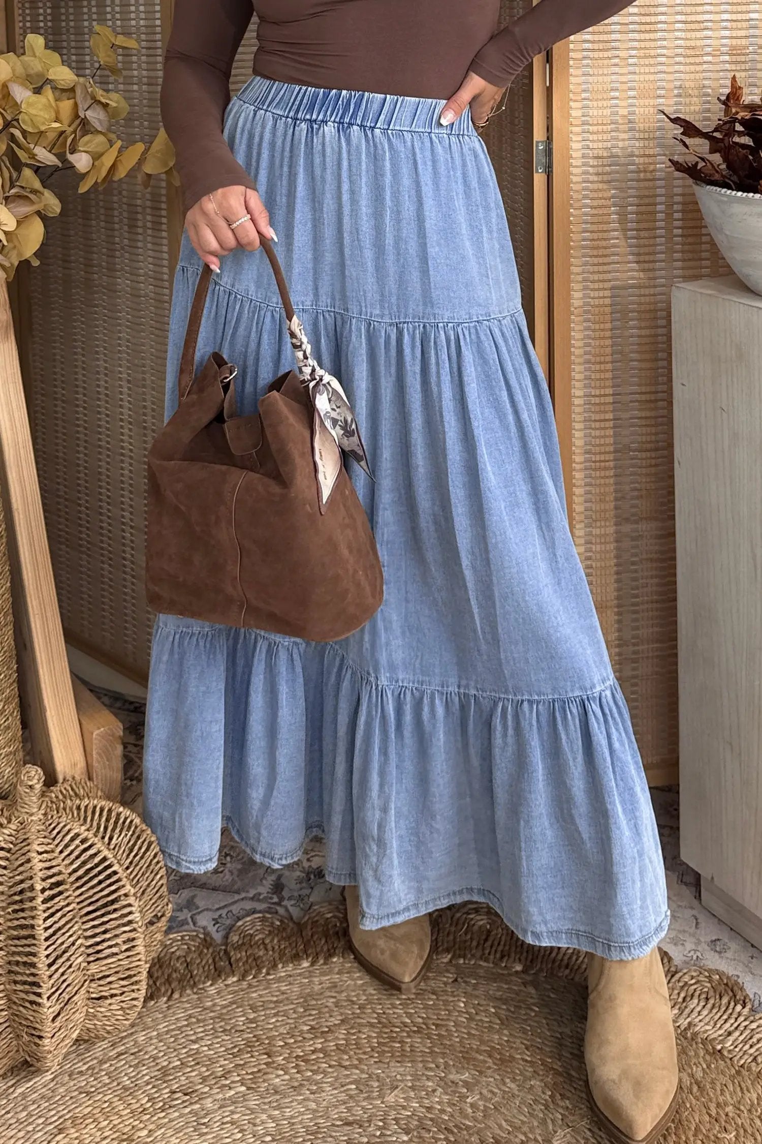 Dear-Lover Dropshipping Beau Blue Elastic Waist Ruffled Tiered Flared Denim Maxi Skirt - Bottoms/Skirts & Petticoat