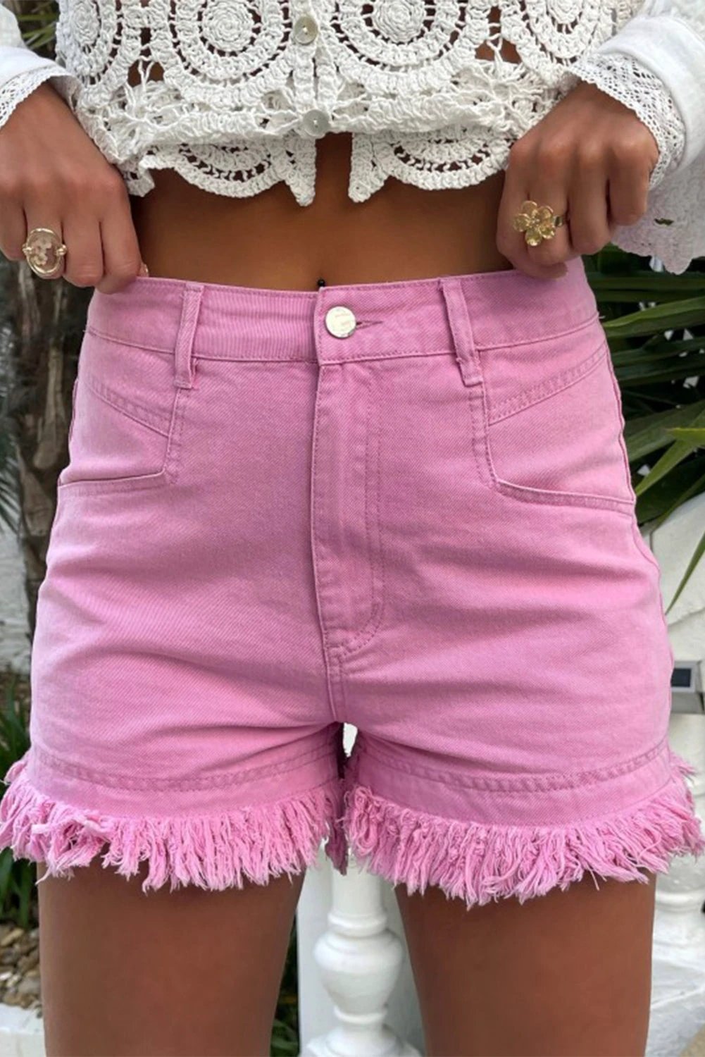 pink frayed edge mid rise denim shorts for women casual everyday outfit