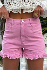 pink frayed edge mid rise denim shorts for women casual everyday outfit