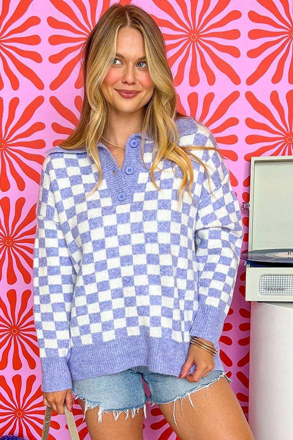 Plus size checkered collared button front sweater in soft purple