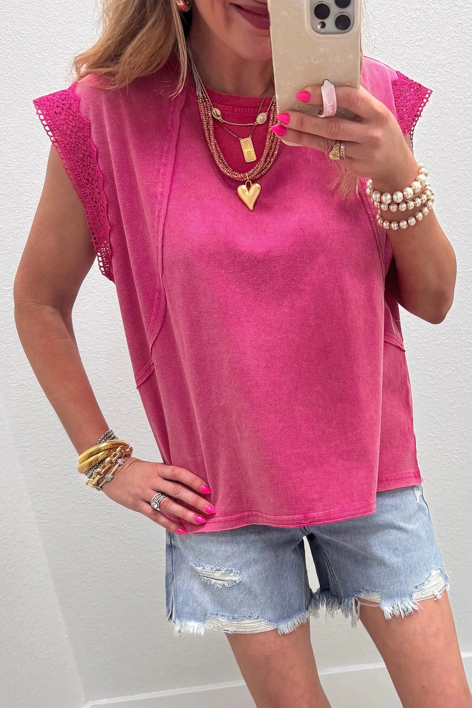 mineral wash lace trim cap sleeve top