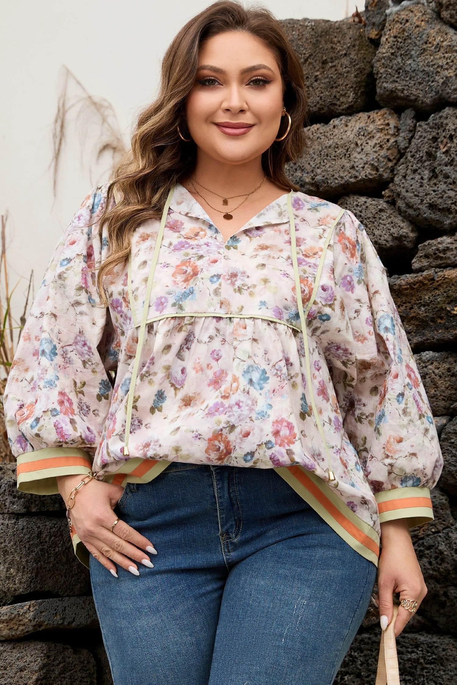 Dear-Lover Dropshipping Black Plus Size Floral Print Contrast Trim Striped Detail Babydoll Blouse - Plus Size/Plus Size Tops/Plus Size Blouses & Shirts