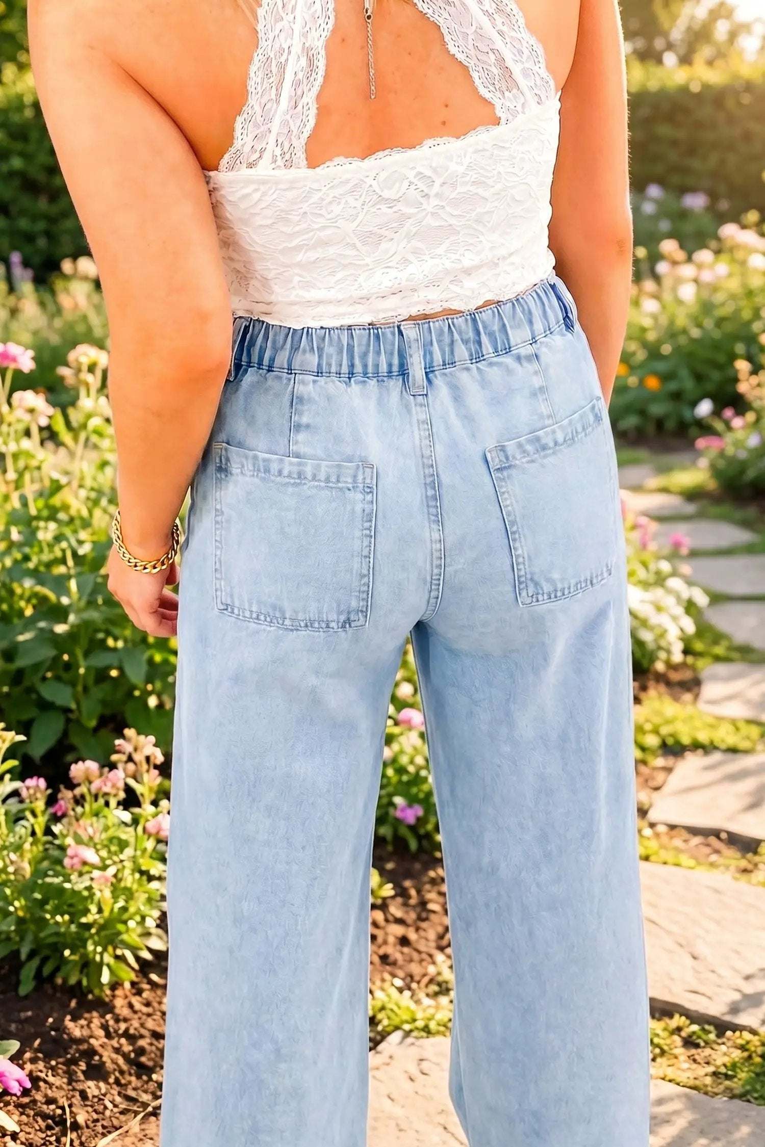 J&H Apparel Soft Blue Studded Side Slit Leg Frayed Pocketed Wide Leg Jeans - Jeans Bottoms/Jeans