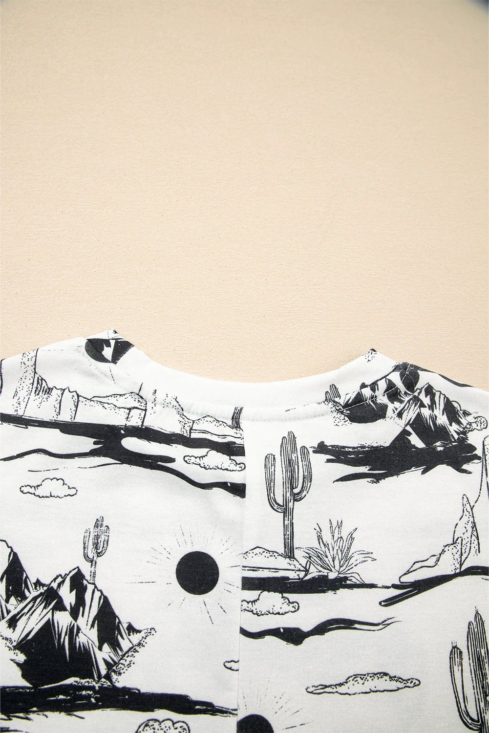 white desert sand print short sleeve knit top for women casual everyday outfit