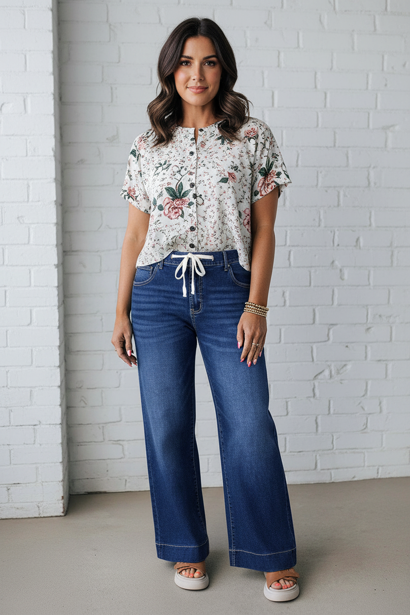 Plus Size Acid Wash Contrast Lace-up Jeans