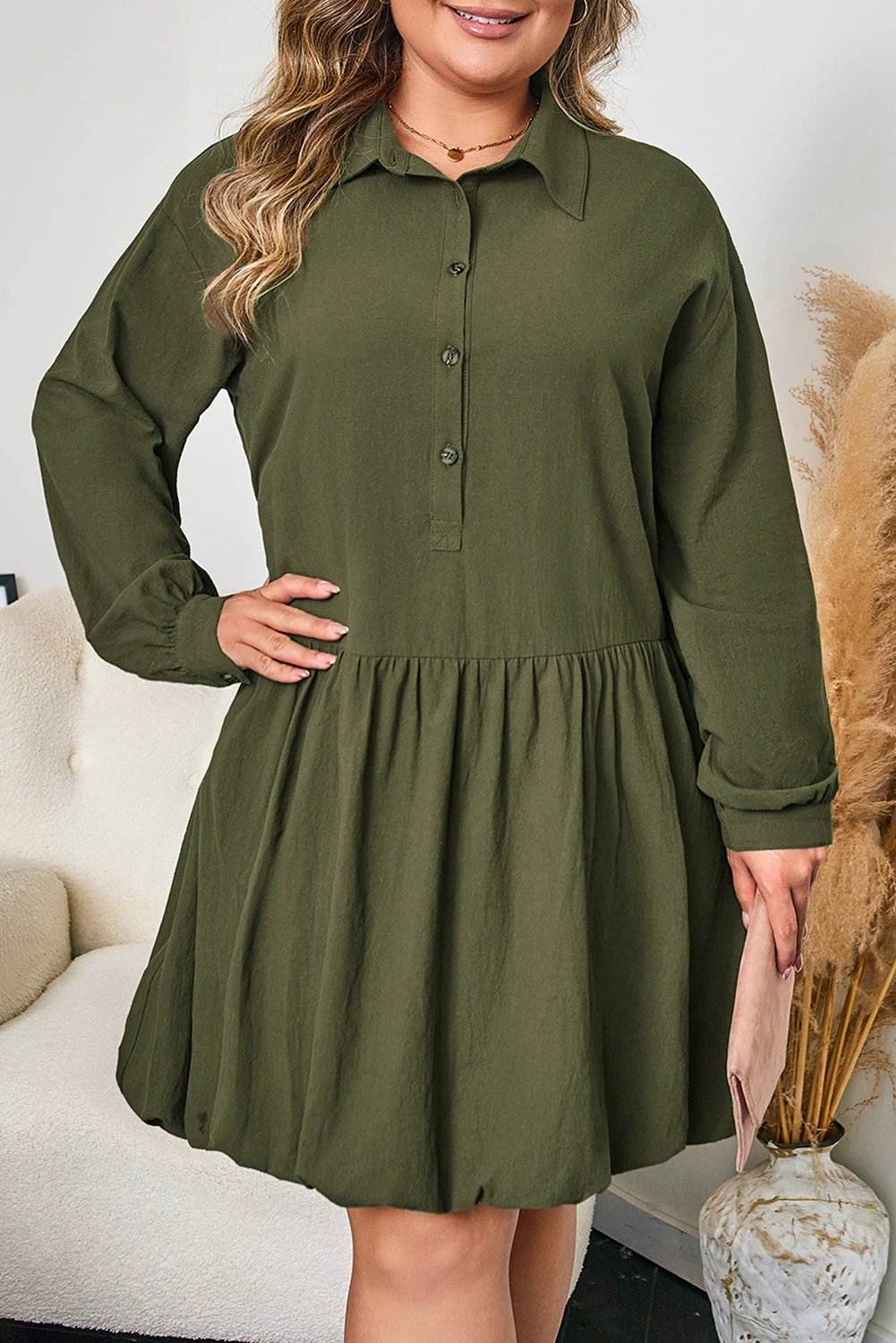 Plus size olive green collar button-front long sleeve mini dress with ruffle hem