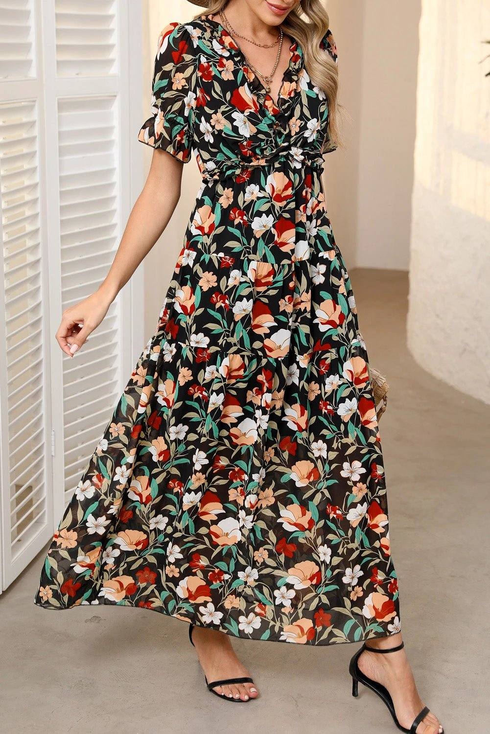 sky blue fiery floral print frilled v neck short sleeve maxi dress for women casual everyday outfit