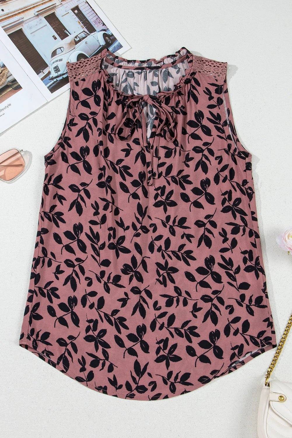 Leaf Print Lace-Up Tank Top