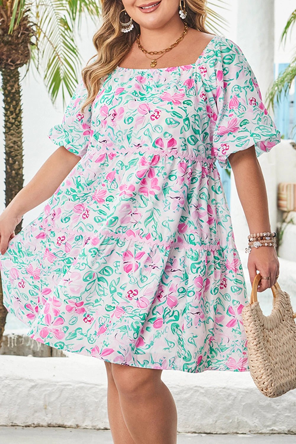 white floral print ric-rac trim square neck plus size mini dress for women casual everyday outfit