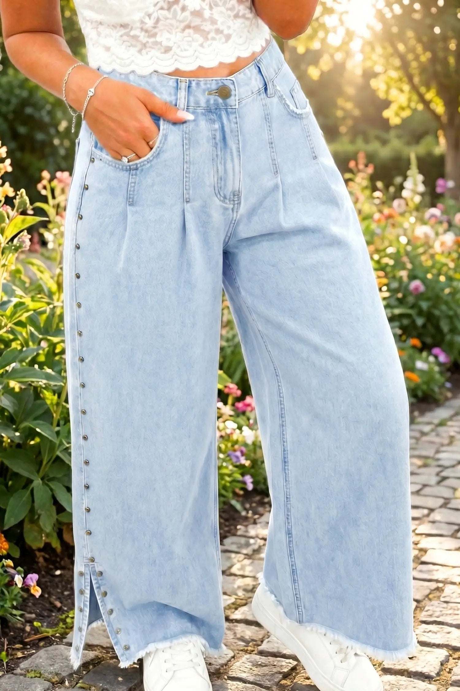 J&H Apparel Soft Blue Studded Side Slit Leg Frayed Pocketed Wide Leg Jeans - Jeans Bottoms/Jeans
