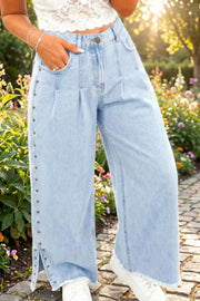 Studded Side Slit Leg Frayed Pocketed Wide-Leg Jeans — women's everyday bottoms | J&H Apparel
