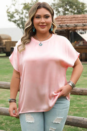 Plus size Effortless Shine metallic gloss satin top with batwing sleeves and relaxed fit