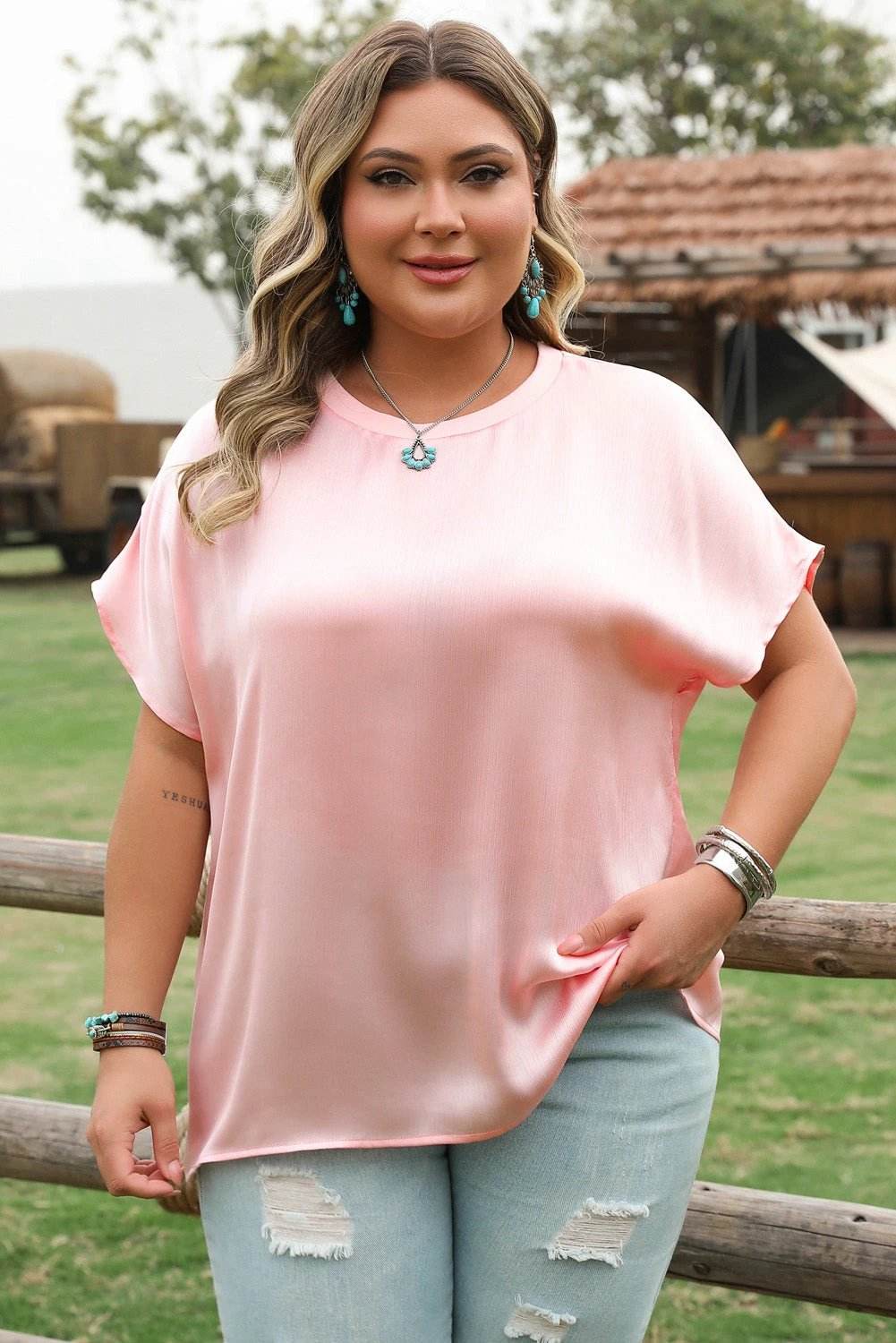Plus size Effortless Shine metallic gloss satin top with batwing sleeves and relaxed fit