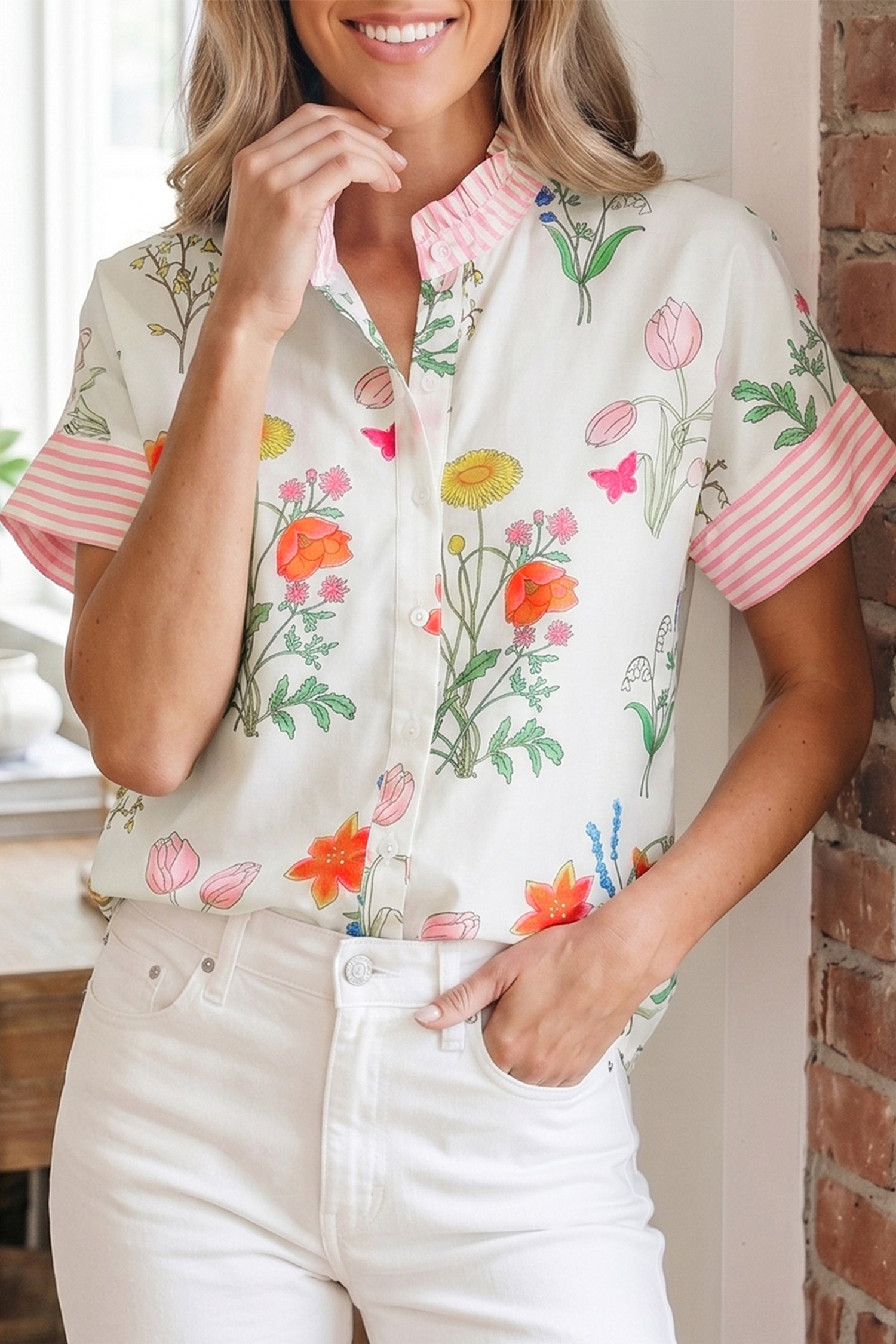 Floral Striped Patchwork Ruffled Collar Short Sleeve Shirt — women's everyday bottoms | J&H Apparel