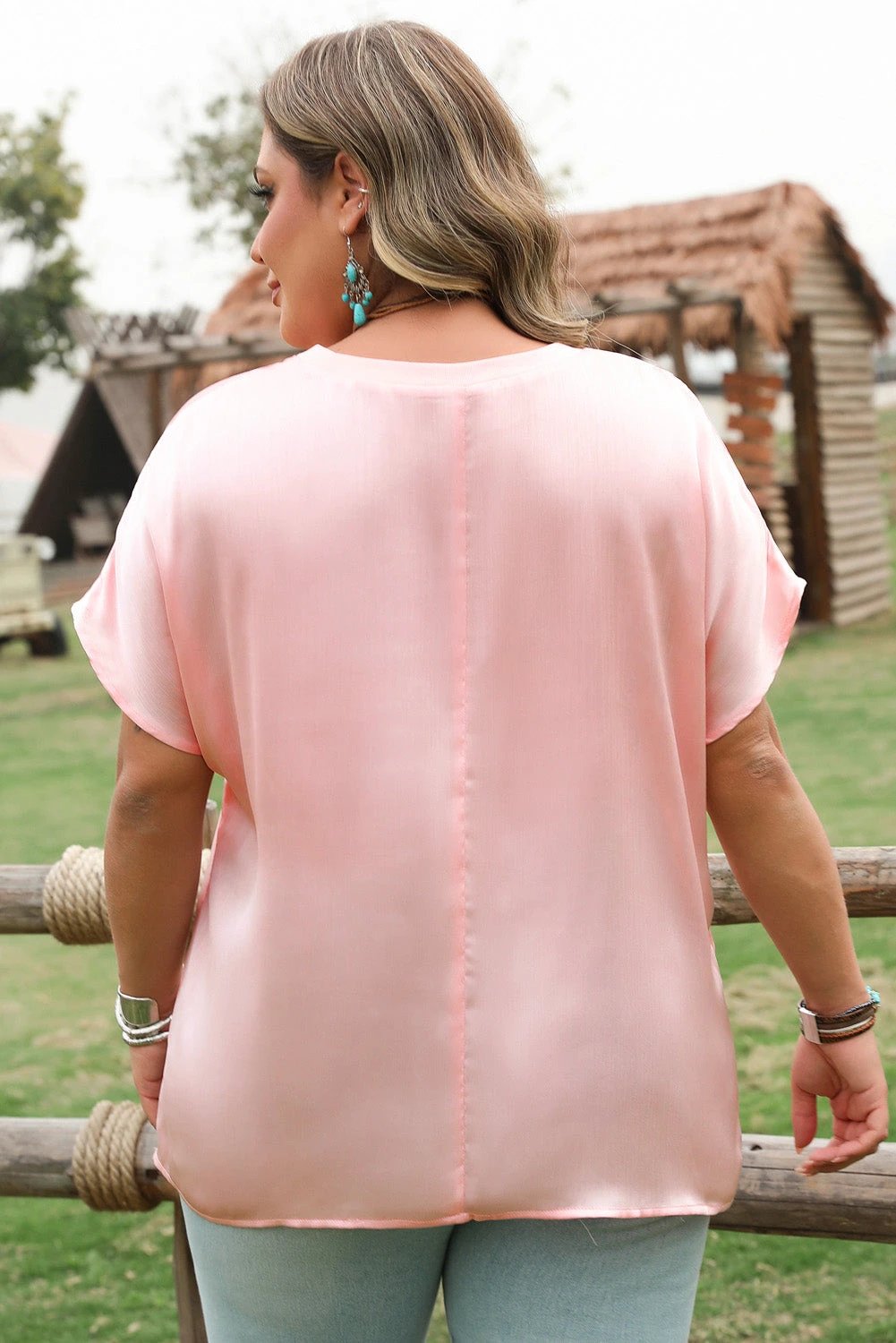 pink metallic gloss short batwing sleeve plus size top for women casual everyday outfit