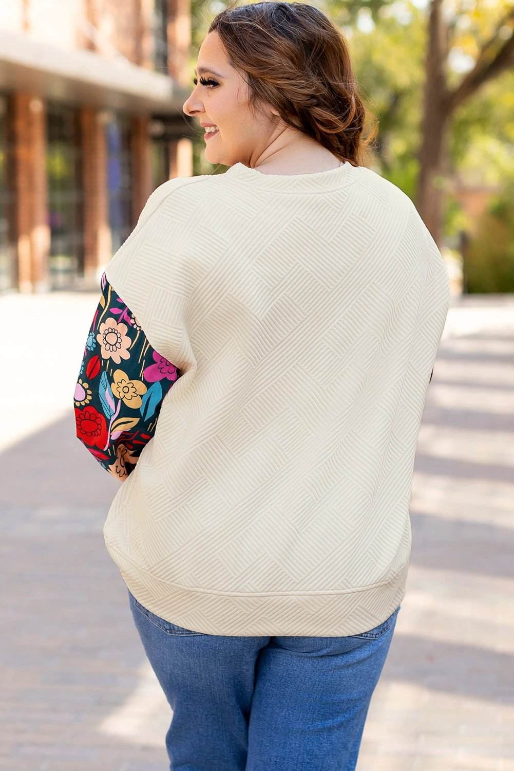 white floral patchwork sleeve textured plus size pullover top for women casual everyday outfit
