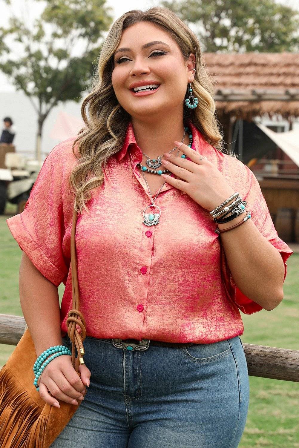 Plus size metallic sheen short sleeve button up shirt in soft pink satin fabric