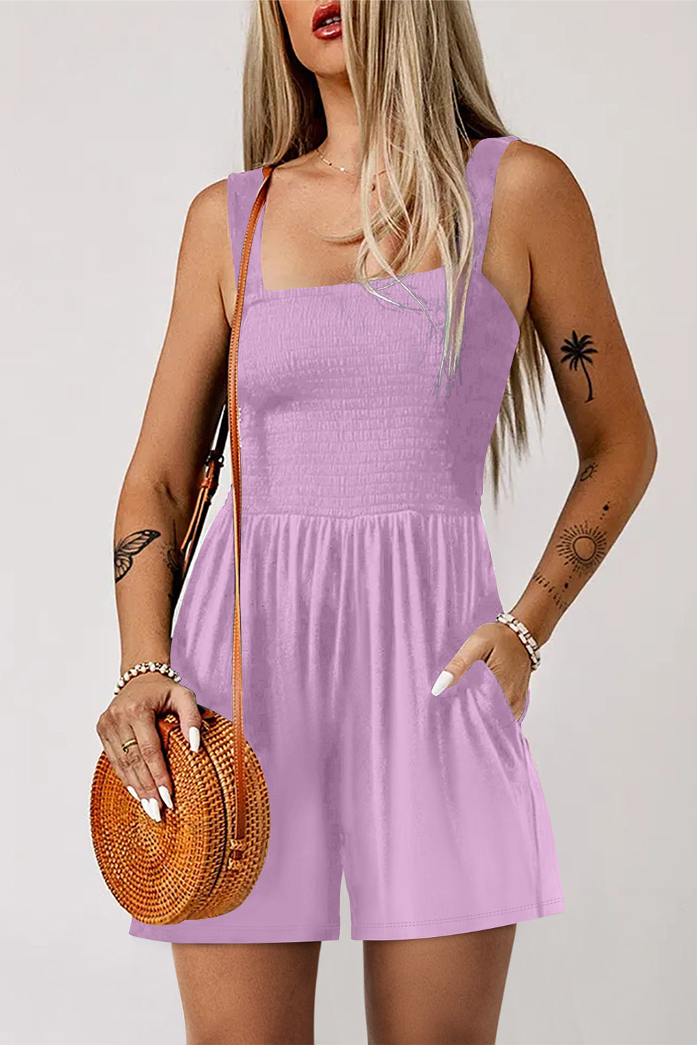 Ginger Pocketed Smocked Sleeveless Romper — women's casual romper | J&H Apparel