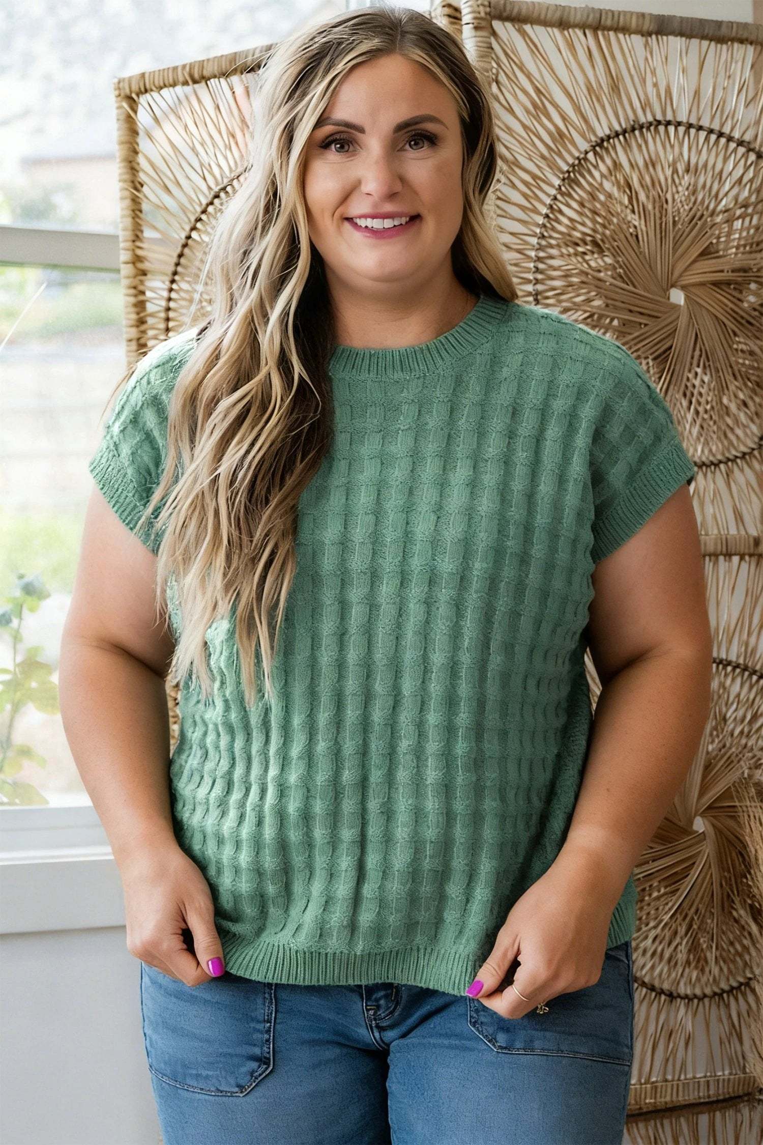 mist green plus size solid color textured knit short sleeve sweater for women casual everyday outfit