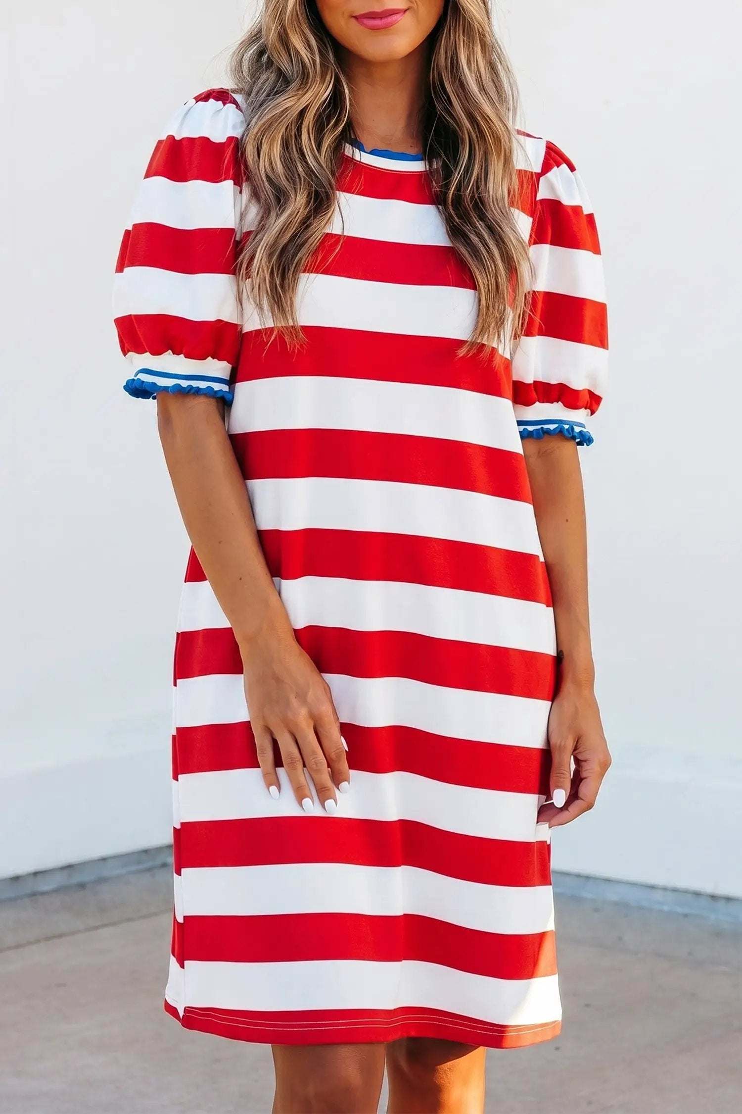 Dear-Lover Dropshipping Coastal Confidence | Striped Round Neck Puff Sleeve Mini Dress With Contrast Trim - Dresses Dresses/Mini Dresses